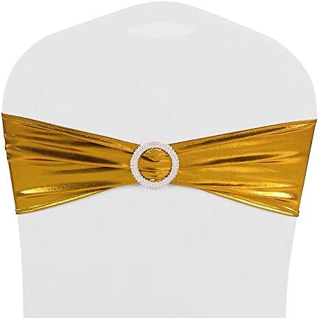 thaisan7, Banquet Spandex Fabric Shiny Foil Stretch Expandable Chair Cover Bow Sash Band Buckle Wedding,Hotel, Birthdaies, Celebrations,Venue Party Bow Luxury Decoration - Color: Gold (25)