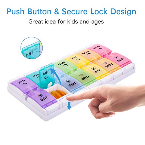 Weekly Pill Organizer - AM PM Pill Case, Extra Large Push Button Pill Box, 7 Day Medication Organizer, BPA-Free Vitamin Container, Daily Pill Case Box for Vitamins Fish Oil Supplements - Twice-a-day