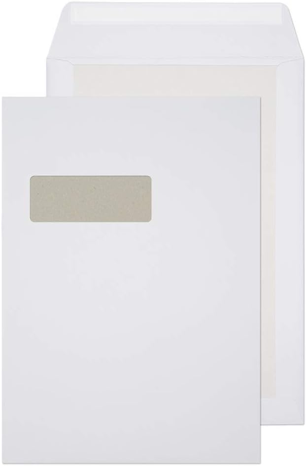 Blake Purely Packaging C4 324 x 229 mm Board Back Pocket Peel & Seal Envelopes Window (12901) White - Pack of 125