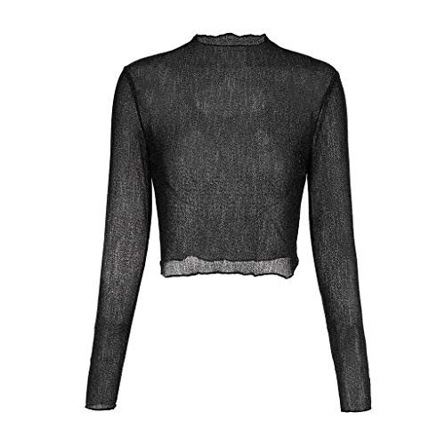 Women's Sexy See Through Sheer Mesh Long Sleeve Crop Top Tunic Blouse Shirts Belly Tank Tops Clubwear Black