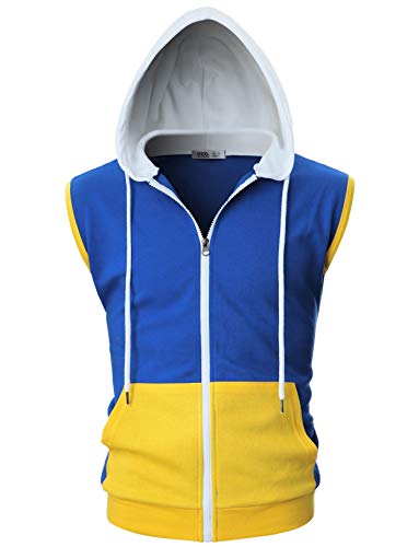 OHOO Mens Slim Fit Sleeveless Lightweight Zip-up Costume Hooded Vest with Single Slide Zipper/DCF052-BLUE/WHITE-M