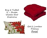 Set of 2 - Indoor / Outdoor Solid Red Universal Tufted U-shape Cushions for Wicker Chair Seat + 2 Free Kiwi Green & Red Poppy Flower Floral Lumbar / Rectangle Pillows