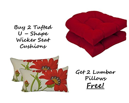 Set of 2 - Indoor / Outdoor Solid Red Universal Tufted U-shape Cushions for Wicker Chair Seat + 2 Free Kiwi Green & Red Poppy Flower Floral Lumbar / Rectangle Pillows