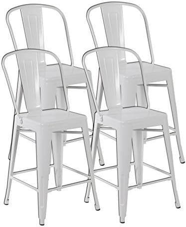 United Chair Tolix Style Metal Stackable Bistro Cafe Bar stools with Back Set of 4 Matt White 3007-MW-4