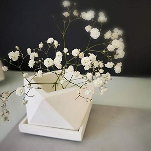 Atelier IDeco Handcrafted White Icosahedron Concrete Planter with Drainage and Square Saucer