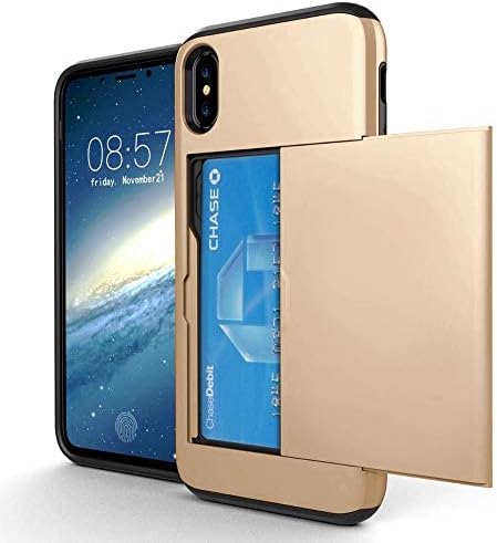 OMD iPhone X Case, iPhone Xs Case, [Double Card Holder Slot] ShockProof Wallet Protective Phone Cover with Tough Heavy Duty Silicone Card Case for iPhone X [2017] / iPhone Xs [2018] - Champagne Gold