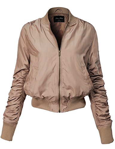 Warm solid color shirring sleeve zipped bomber jackets 143-khaki …