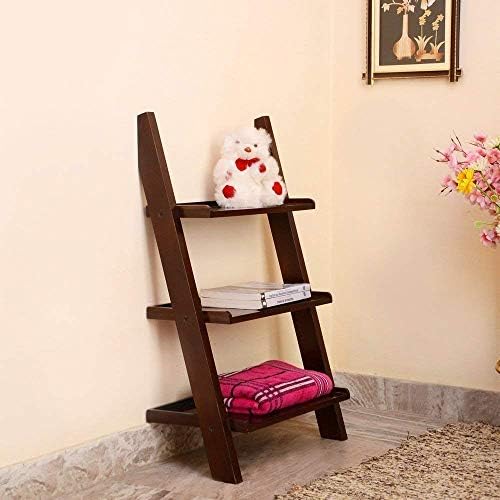 Shri Sai Decor Solid Sheesham Wood Bookcase Ladder Shelf & Room Organizer Storage Mahogany