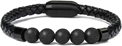 Kainier 7 Chakra Lava Rock Bracelet Healing Balancing Genuine Leather Bracelets Magnetic Clasp Tiger Eye Agate Howlite Men