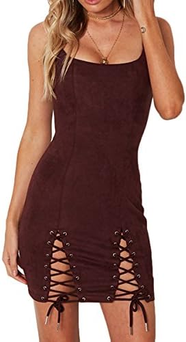 Laucote Criss Cross Bodycon Suede Mini Dress Backless Slim Fit Clubwear for Women