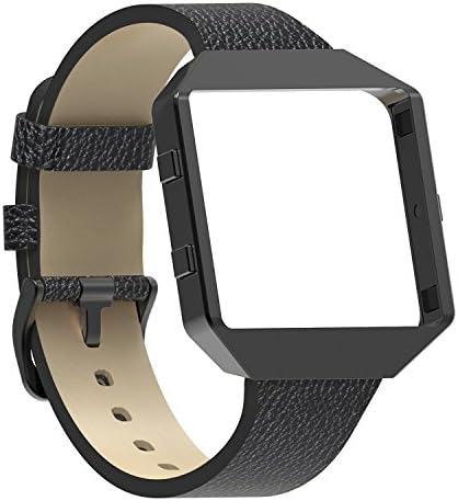 For Fitbit Blaze Bands with New Metal Frame,Austrake Replacement Leather Slim Straps with Stainless Steel Buckle for Fitbit Blaze Strap for Women Men,Black