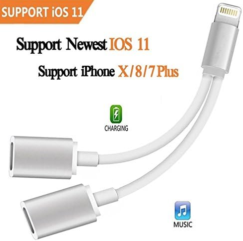 Lightning Jack Adapter Headphone for iPhone 8/8 Plus iPhone X iPhone 7/7 Plus.2 in 1 Lightning Jack Earphone to AUX Adaptor Cable (Audio+Charge+Music+Phone Call)Support iOS11.21or Later（silvery） …