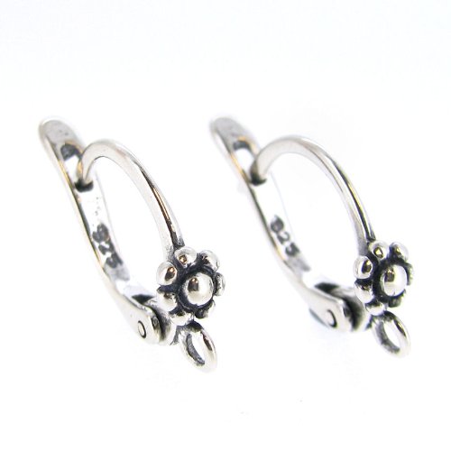 2 pcs .925 Sterling Silver Leverback Daisy Flower Lever Back Ear Wire / Earring Connector / Findings / Antique