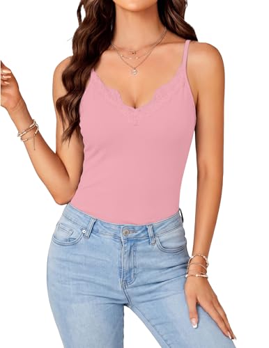 Zelroxa Womens Lace Tank Top Ribbed Spaghetti Straps V Neck Cami Top Pink at Amazon