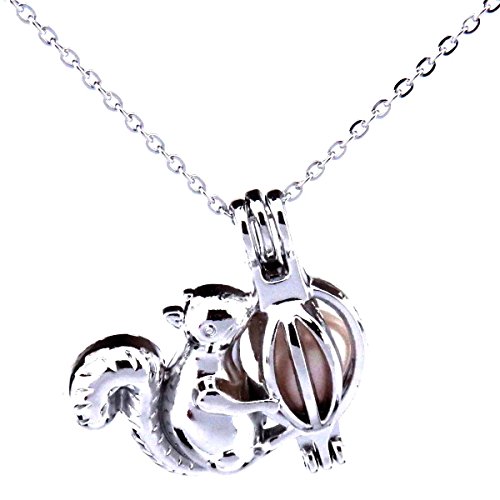 Squirrel Pearl Bead Cage Animal Locket Necklace Kids Girl Charms 18"