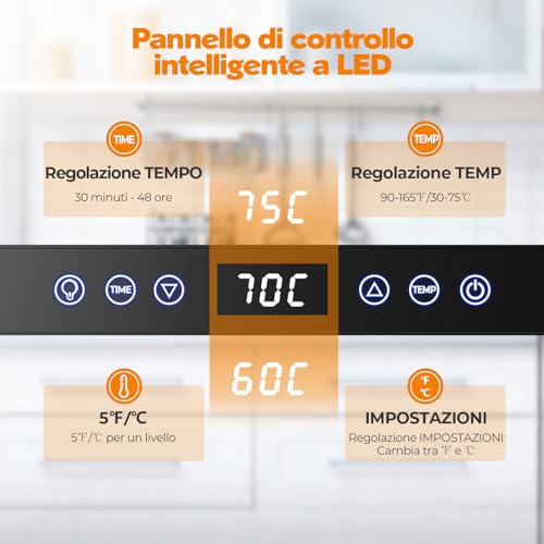 YASHE Food Dryer, 800W Dehydrator with LED Display, Temperature Up to 75°C and 48H Timer, 9 Stainless Steel Trays, 9 Mesh Sifters, 1 Fruit Tray