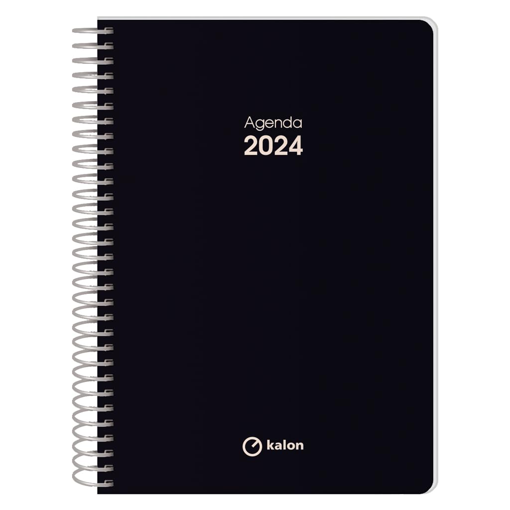 Q Kalon - Agenda 2024 January to December (12 months) - Day Page - A5 (15 x 21 cm) - Metallic spiral - Onyx