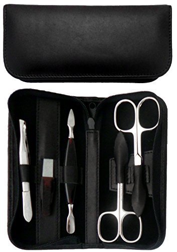 Tenartis 344 5-Piece Black Nappa Genuine Leather Manicure Set with Zipper - Made in Italy