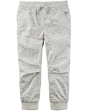 Girl's Metallic Fair Isle Poplin Joggers, White & Silver, 5t