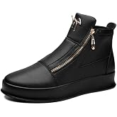 LSHWCIFT Men's High-Top Leather Sneakers with Gold Dual Zippers Modern Street Wear Shoes for Casual Style &amp; Everyday Comfort Cushioned Ankle Boots (Black, White)