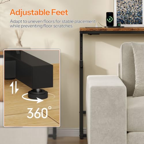 HOOBRO 160 cm Slim Console Table with Charging Station, Height Adjustable | Behind Sofa Table with Power Outlet, Long Hallway Table for Entryway, Living Room, Rustic Brown and Black EBF167KXG01