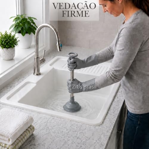 Desentupidor Pia Ralo Banheiro Cozinha Alta Pressao Ventosa Forte Cabo Metal Resistente Limpeza Encanamento Desobstrucao Manual Compacto Facil Uso Pia Tanque Vaso Sanitario Universal Multiuso (Cinza)