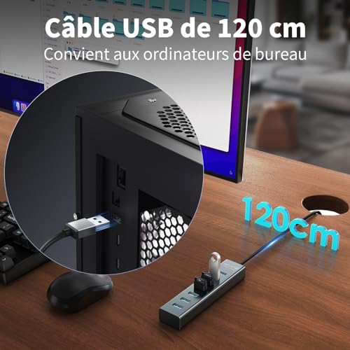 7 Port USB 3.0 Hub – Aluminium USB Hub with 120 cm Cable for Desktop, USB Multiport Adapter with USB 3.0 5Gbps, 5V 3A Type-C for PC, Laptop, MacBook, MacBook, Mouse, Keyboard, U Disk etc.