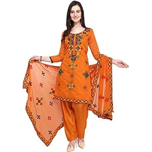 EthnicJunction Women's Holi Special Rajasthani Mirror Work Chanderi Embroidery Unstitched Salwar Kameez Dress Material 11