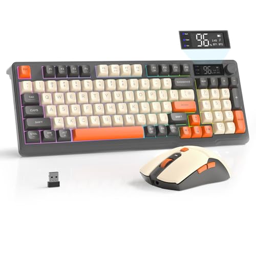 FREEWOLF T96 Wireless Keyboard and Mouse Combo, Retro, BT & 2.4G Modes, PBT Keycaps, Media Knob, Display Screen, Silent Keys, 26-Key Anti-ghosting, American QWERTY, for Mac/Windows/Linux