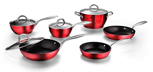 Cooksmark Diamond Nonstick Induction Scratch-Resistant Cookware Set, Pots and Pans Set Dishwasher Safe with Glass Lids, 10-Piece, Burgundy Red