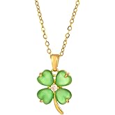 Dtja Dainty Clover Flower Pendant Necklace for Women Stainless Steel Gold Plated Cats Eye Shamrock Leaf Link Chain Necklace Adjustable Luck St.Patrick's Day Birthday Jewelry Gift 18 Inch