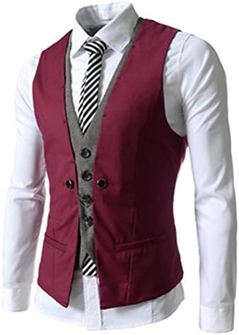 QINGYUAN Mens Business Slim Fit Chain Point 4 Button Vest Waistcoat Red M