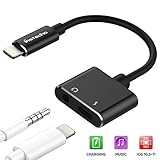 iPhone Headphone Adapter, Dual Lightning Adapter & Splitter, 2 in 1 Aux Headphone Jack Audio & Charge Cable Adapter, 3.5mm Lightning Adapter for iPhone7/7Plus/8/8Plus/X, Support iOS 11 (Black)