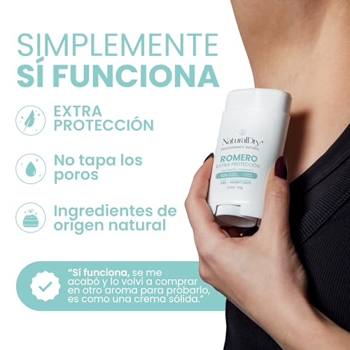 NaturalDry Desodorante Natural EXTRA PROTECCION | Delicioso aroma Romero | Sin Clorhidrato de Aluminio | Con Piedra de alumbre en polvo| No macha la ropa | NO ES ANTITRANSPIRANTE | Neutraliza el mal olor hasta 24 Horas | 50 G | (Pack de 2)