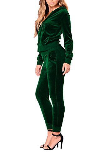 Linsery Women's Winter Velour Zipper Hooded Jacket Jogger Pants 2 Piece Sweatsuit M Green