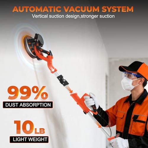 Electric Drywall Sander with Vacuum Dust Collection, 1000W Popcorn Ceiling Removal Tool, 1000-2100RPM 5 Variable Speed, LED Light, Foldable & Extendable Wall Sander with 12 Sanding Discs