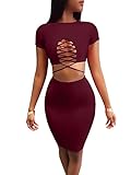TOB Women's Sexy Lace up Short Sleeve Top Bodycon Skirt Club 2 Piece Dress Wine Red
