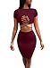 TOB Women's Sexy Lace Up Short Sleeve Top Bodycon Skirt Club 2 Piece Dress Wine Red