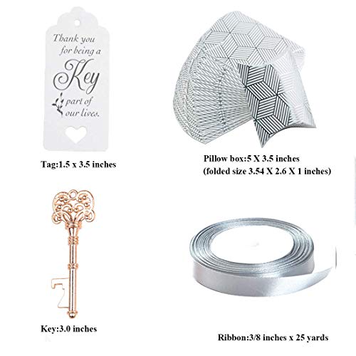 Aokbean 50pcs Wedding Favor Souvenir Gift Set Pillow Candy Box Vintage Skeleton Key Bottle Openers Escort Gift Card Thank You Tag French Ribbon (Rose Gold) - Thumbnail 3