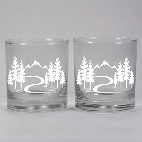 MOUNTAIN TRAIL HIKING Lowball Glasses set of 2 - Dishwasher-safe etched whiskey glass