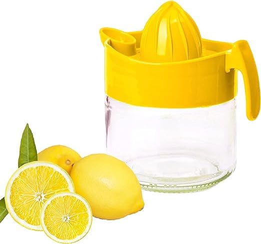 4All Manual Lemon Squeezer Non Electric Hand Press Fruit Juice Extractor BPA free Lemon Lime Orange Juicer Jug Glass Jar Base Handheld Citrus Press 300ml (Yellow)