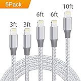 QIANXIANG Phone Charger Cable,5 Pack (3FT 3FT 6FT 6FT 10FT) Extra Long Nylon Braided USB Charging & Syncing Cord Compatible iPhone X/8/8 Plus/7/7 Plus/6s/6s Plus/6/6 Plus/5/5S/5C/SE/iPad(Gray White)