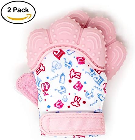 My Mini Mitt | Teething Mitten (2-Pack) | Soothing Gum Relief Toy Glove & Teether for Babies, Infants, Toddlers, Boy & Girl | 3-12 Months | Baby Shower Gift (Pink)