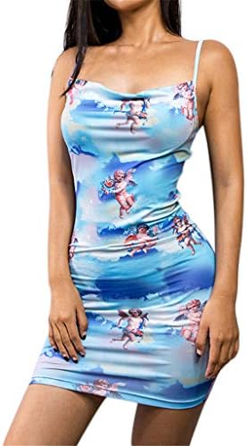 Tomppy Women Sleeveless Bodycon Mini Dresses Summer Cupid Angel Printed Short Sling Pencil Dress