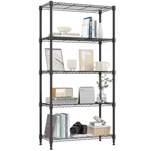 M MZG 5 Tier 1200 lbs Metal Storage Shelf, Wire Shelf, Heavy Duty Closet Organizers for Garage, Kitchen, Bathroom, Laundry, Black, 13.8"
