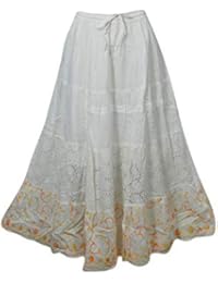 Women's Maxi Skirt White Cotton Flare Hippie Skirts M