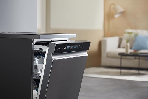 Midea Smart Freestanding Dishwasher With BLDC Motor, 15 Place Settings, 9 Programs, Wi-Fi, Turbo Speed, Power Wash & Auto Open Function, Silent & High Energy Efficient, Black - WQP15-WU7633GUR(BS)-GCC