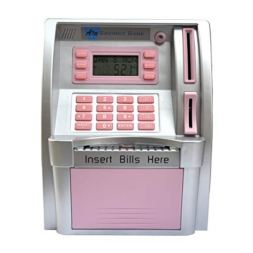 LB Children Kids Toy ATM Savings Bank Electronic Mini ATM Piggy Bank Cash Coin Educational ATM Machine for Girls Birthday Gift,Pink