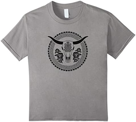 unisex-child Longhorn Skull Mandala With Roses Spiritual Tribal Art Tee 4 Slate
