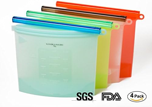 Reusable Silicone Food Storage Bags: Resealable Kitchen Food, Sandwich and Snack Baggies for Cooking, Boiling, Preserving, Freezer Use - no BPA, Food Grade Preservation Bag Savers - 4 Quart Size Bags